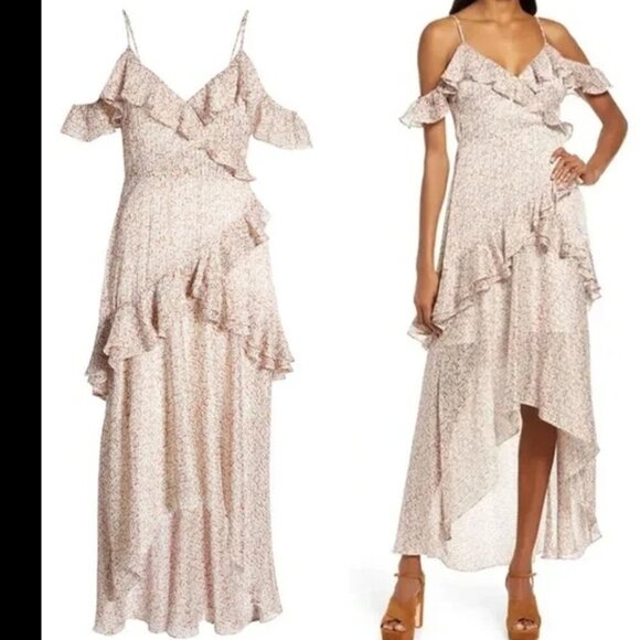 Floret Studios Cold Shoulder Asymmetrical Ruffle Dress In Rust-Cream Size Small - Picture 1 of 15
